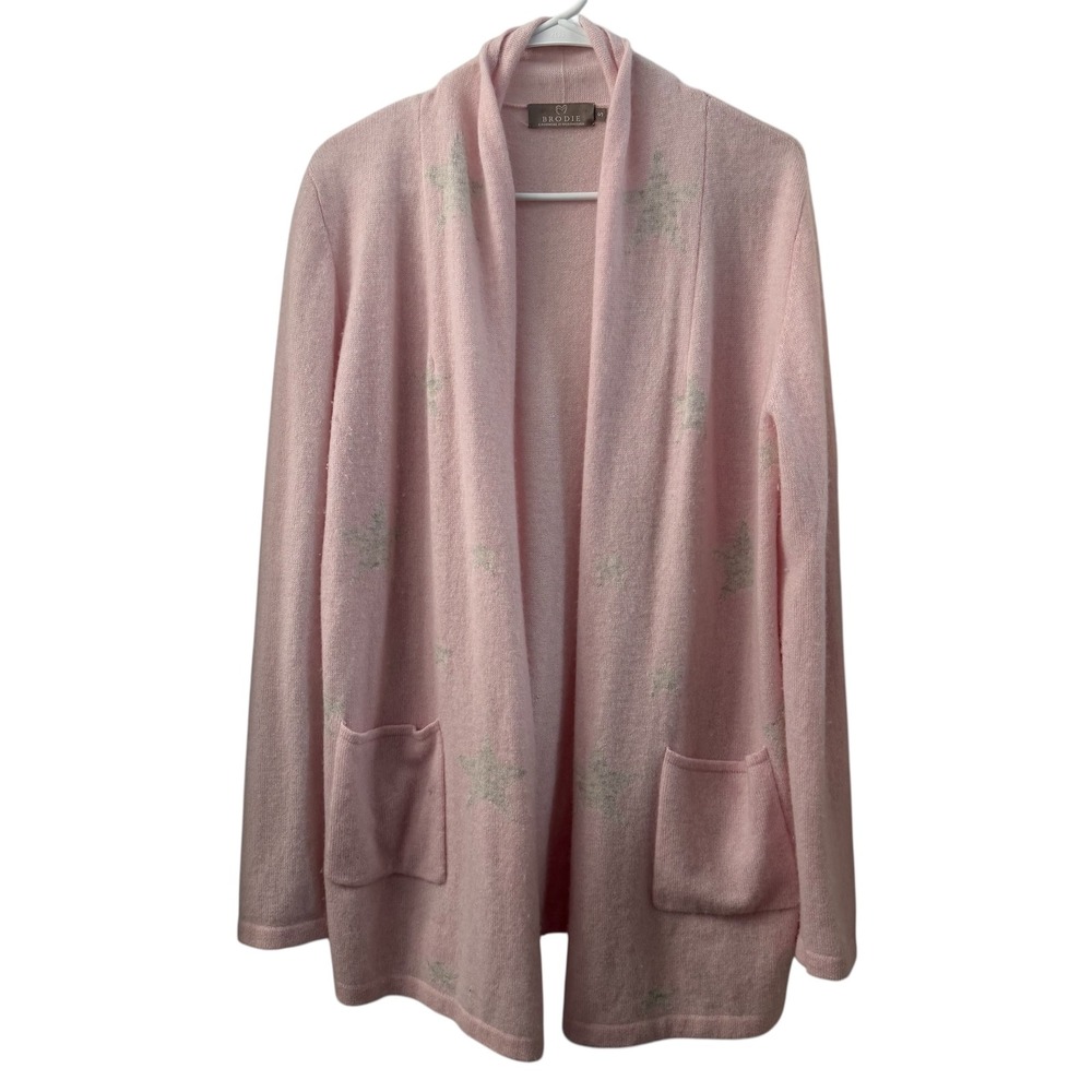 Brodie Cashmere Cardigan Open Front Pink‎ Star Print Knit Sweater Womens Size S